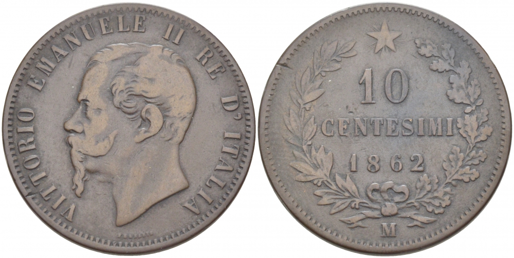 ИТАЛИЯ 10 ЧЕНТЕЗИМО 1862 M KM 11.1 медь 51-4243