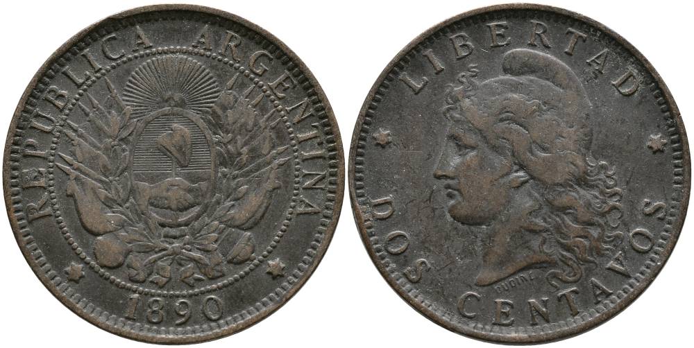 Аргентина 2 сентаво 1890 голова свободы влево KM 8 бронза 4531-933