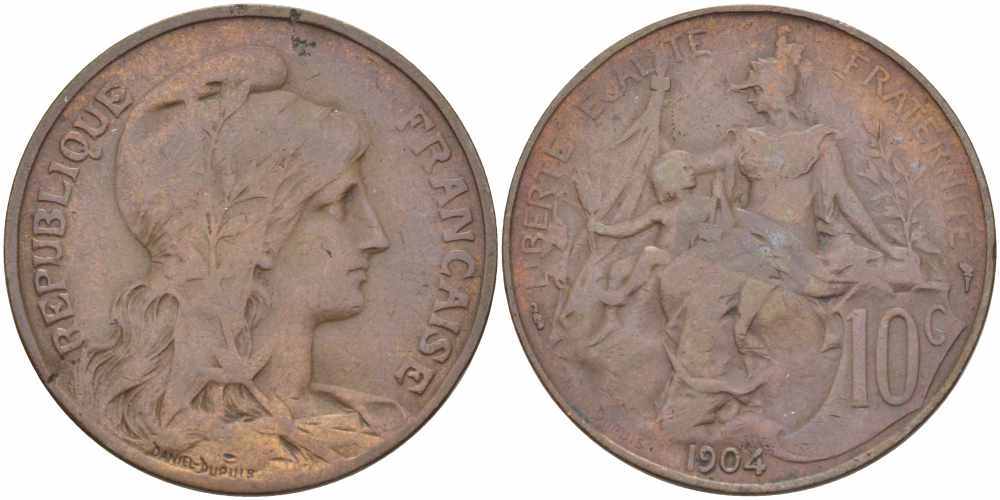 ФРАНЦИЯ 10 САНТИМОВ 1904 ТИП ДАНИЭЛЬ ДЮПЮИ KM 843, LA FRANC 136.14 бронза 109-221