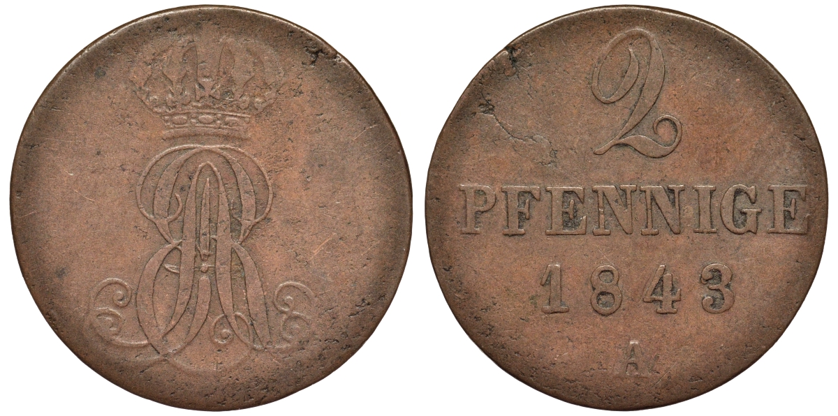 Ганновер 2 пфеннига 1843 A, Эрнст Август (1837-1851) KM 174.1, AKS 122, J. 55 медь 75-1752