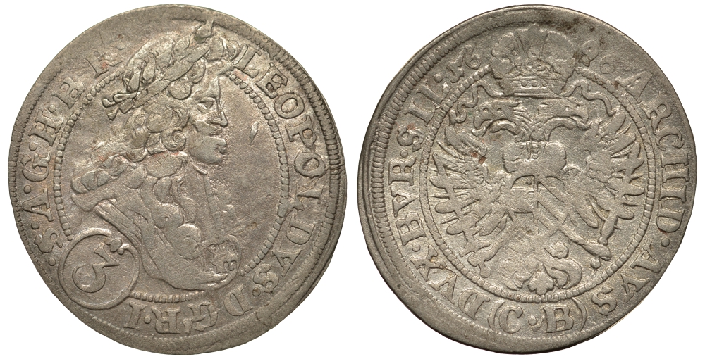 СВЯЩЕННАЯ РИМСКАЯ ИМПЕРИЯ, АВСТРИЯ 3 КРЕЙЦЕРА 1696 С.В., ЛЕОПОЛЬД I KM 1287 серебро 413-1725