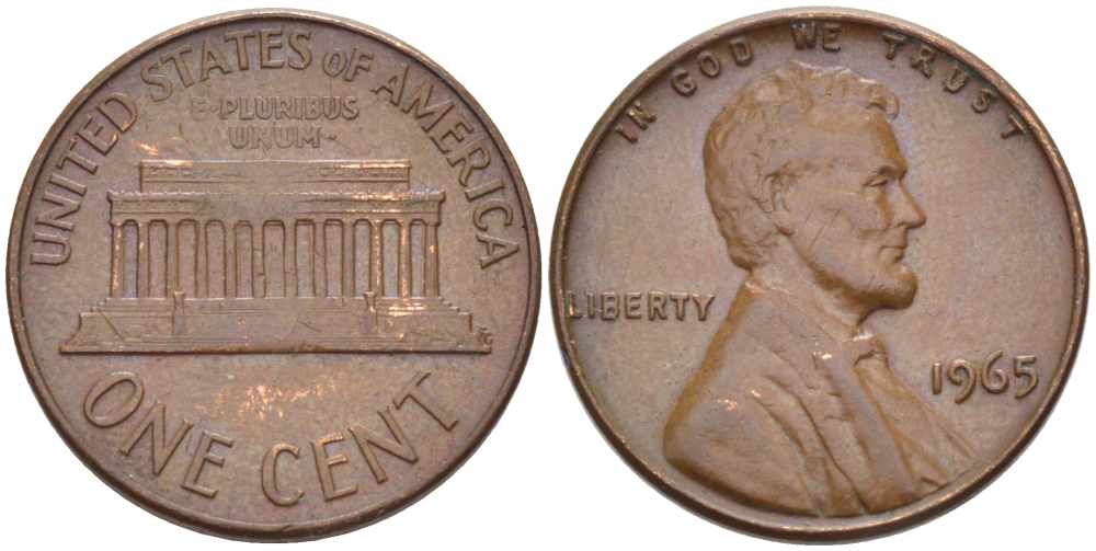 США 1 ЦЕНТ 1965 ЛИНКОЛЬН KM 201 медь цинк 105-624