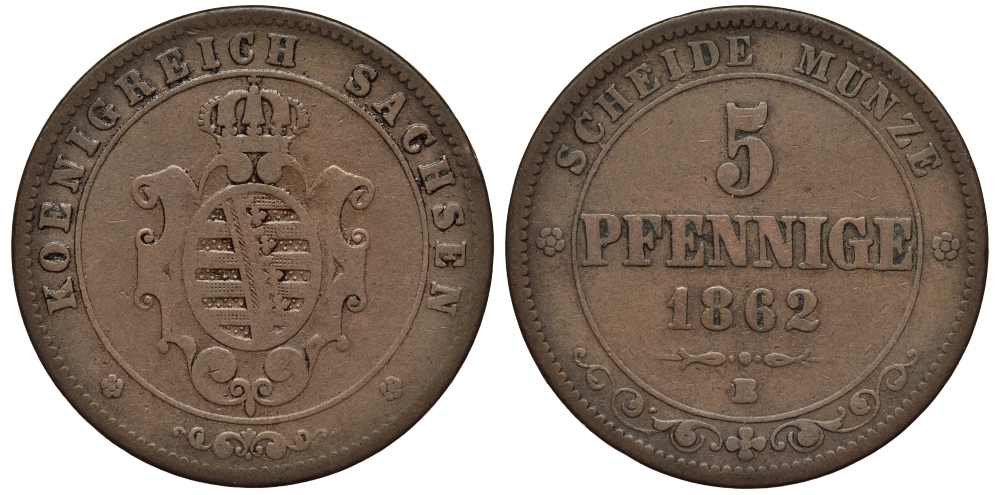Саксония 5 пфеннигов 1862 B, Йоханн (1854-1873) KM 1218 медь    413-5244