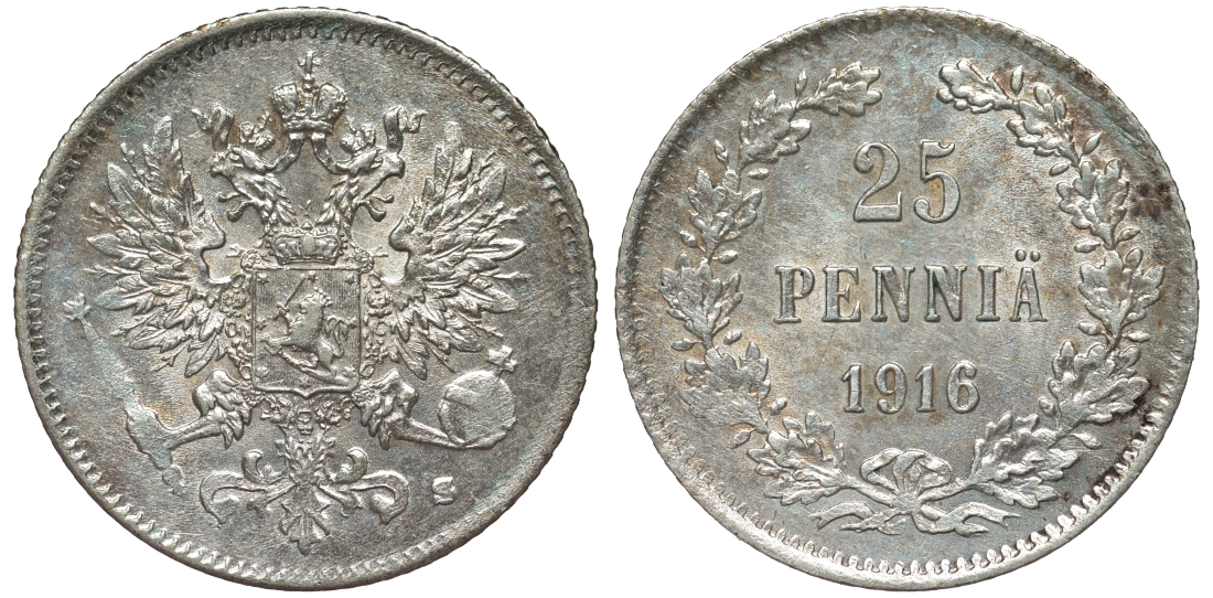 Россия для Финляндии 25 пенни 1916 S, Николай II (1894-1917) KM 6.2, Биткин 421 серебро 75-1253