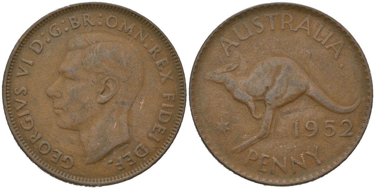 Австралия 1 пенни 1952 Георг V (1910-1936), кенгуру KM 43 бронза 4149-814