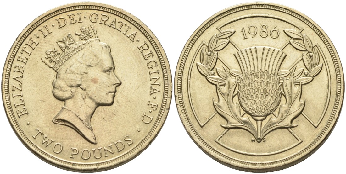 Великобритания 2 фунта 1986 Елизавета II (1952-2022), XIII Игры Британского Содружества KM 947, Spink 4311 (K1) никель латунь 88-421