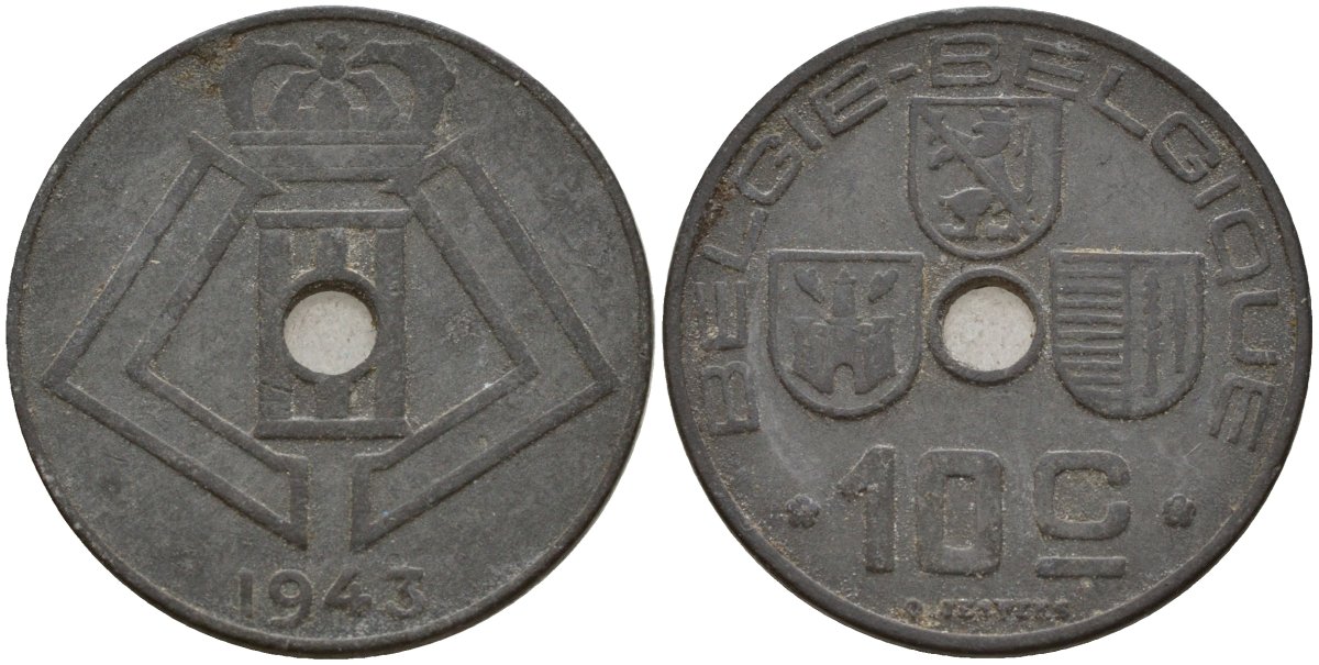 Бельгия 10 сантимов 1943 Belgie - Belgique, Леопольд III (1934-1947), германская оккупация, Вторая мировая война KM 126 цинк 4161-337