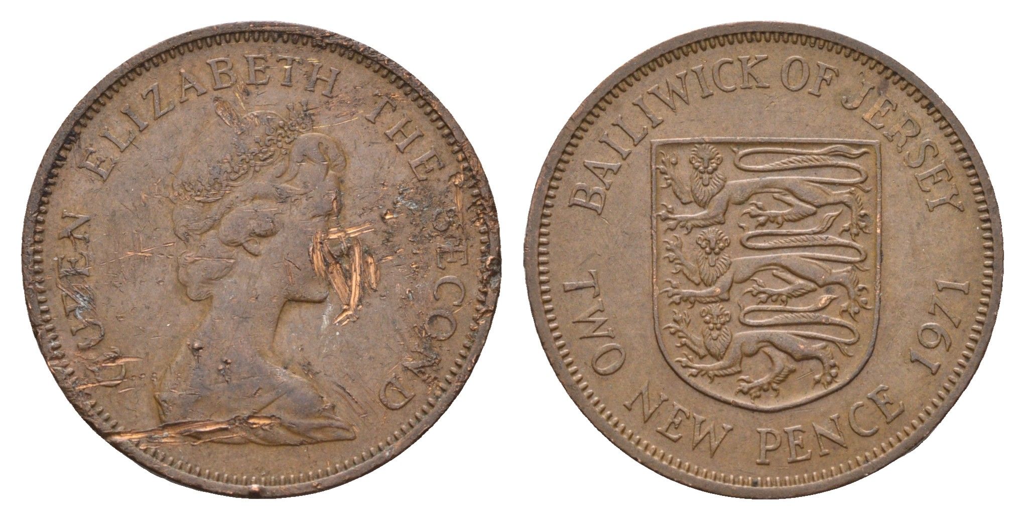 Джерси 2 новых пенса 1971 герб, Елизавета II (1952-2022) KM 31 бронза 210-832