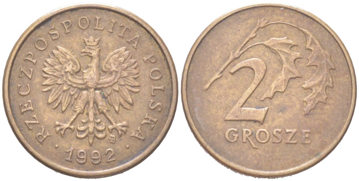 Польша 2 гроша 1992 Y 277 марганец латунь 4614-614