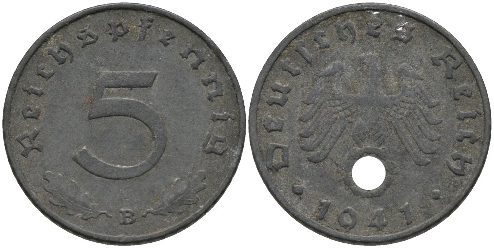 Германия 5 рейхспфеннигов 1941 В, монетный двор Вена KM 100, J. 370 цинк 186-735