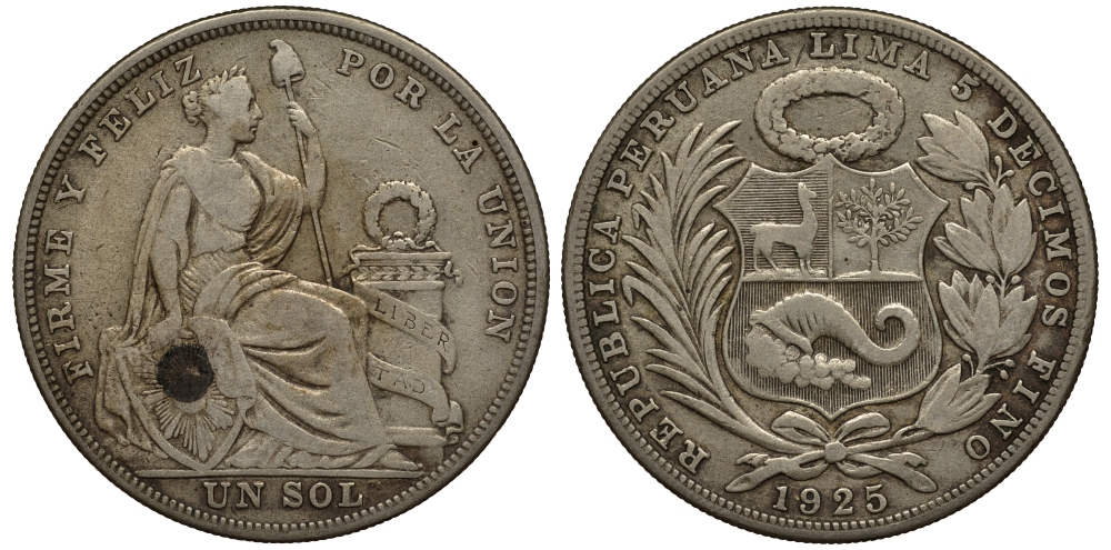 Перу 1 соль 1925 KM 218.1 серебро 272-841