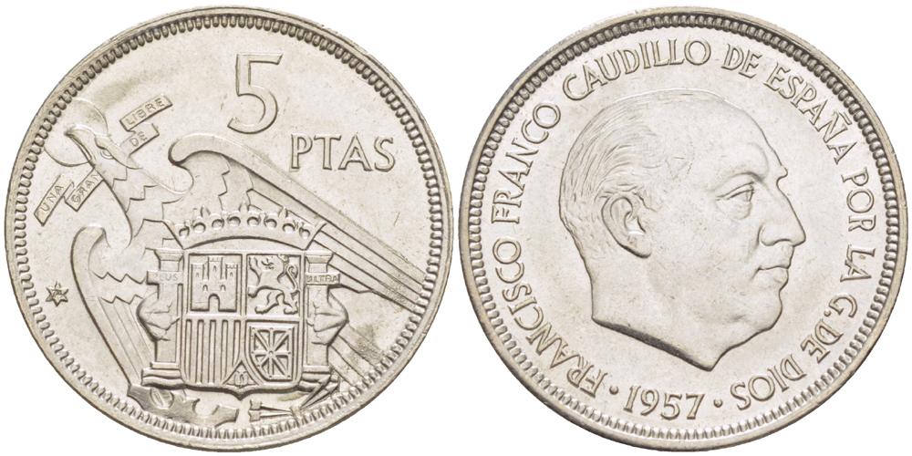 Испания 5 песет 1957 (77) Франциско Франко (1939-1975) KM 786 медно-никель UNC 216-437