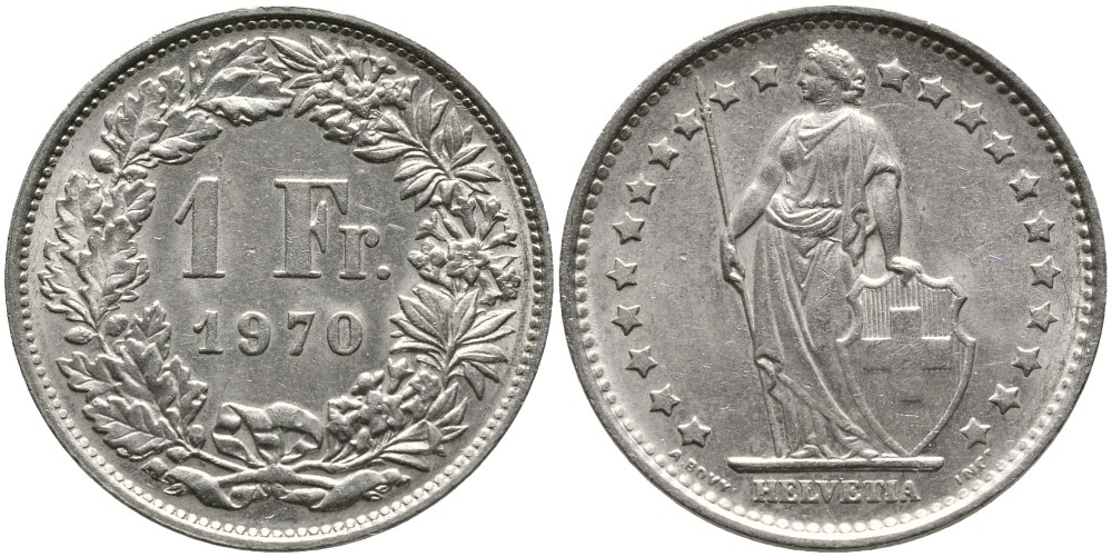 Швейцария 1 франк 1970 KM 24a.1 медно-никель 4538-251