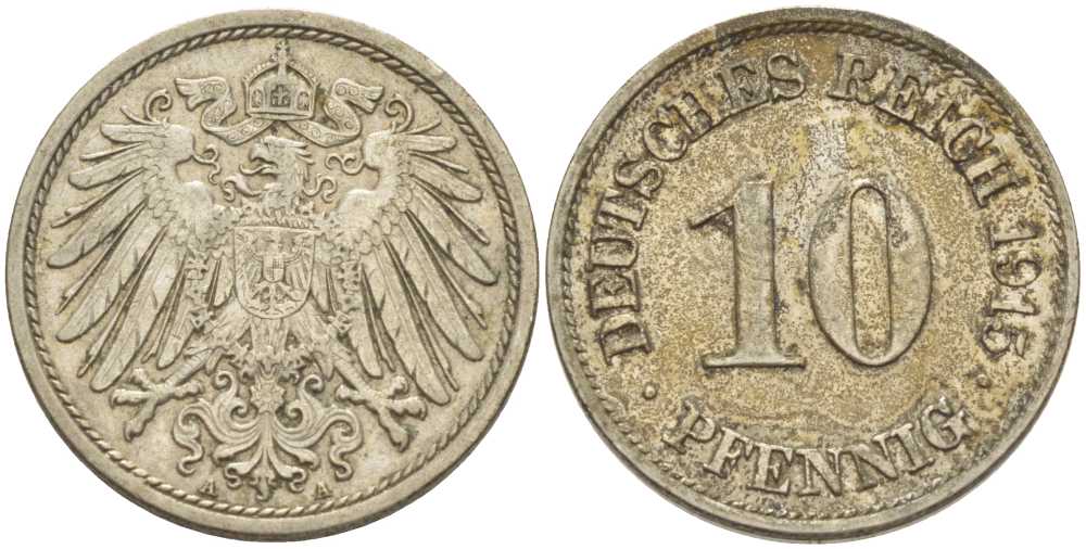ГЕРМАНИЯ 10 ПФЕННИГОВ 1915 A KM 12, J. 13, Weege 8 медно-никель 212-314