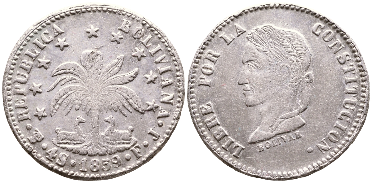 Боливия 4 соля 1859 FJ KM 123.3 серебро 00-00