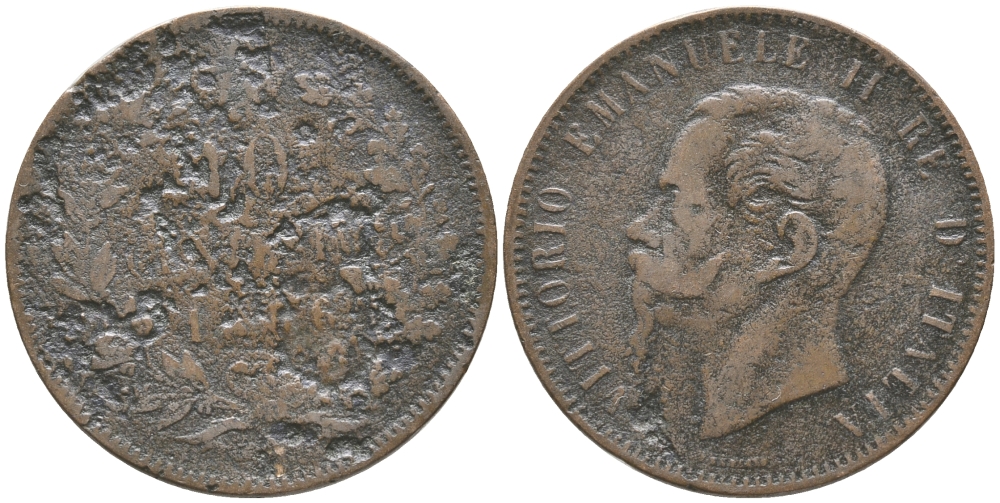 ИТАЛИЯ 10 ЧЕНТЕЗИМО 1866 ВИКТОР ИМАНУИЛ II (1861-1878) KM 11.2 медь 32-615