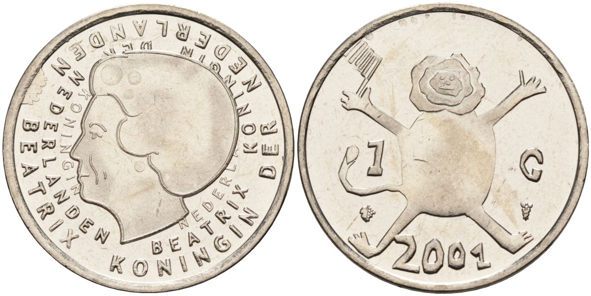Нидерланды 1 гульден 2001 прощай гульден, детский рисунок, лев с флагом в руках KM 233 никель UNC 4116-115