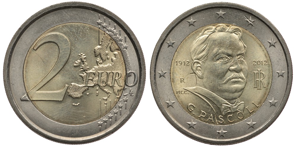 Италия 2 евро 2012 100 лет со дня смерти Джовани Пасколи KM 355 биметалл 110-1054