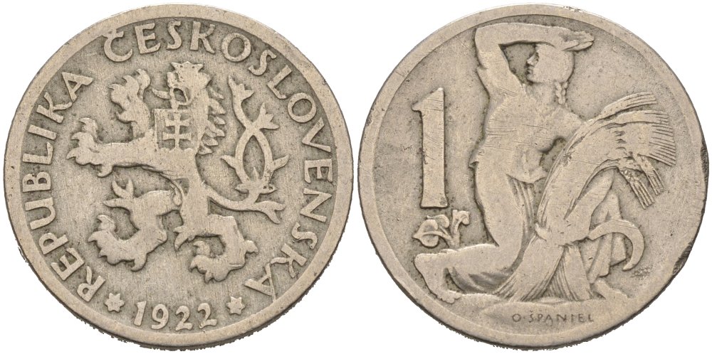 Чехословакия 1 крона 1922 женщина со снопом и серпом KM 4 медно-никель 4579-131