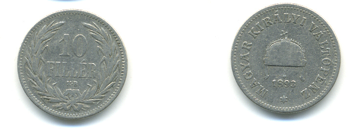 Венгрия 10 филлеров 1893 KB, Франц Иосиф I (1848-1916) KM 482 никель 93-355