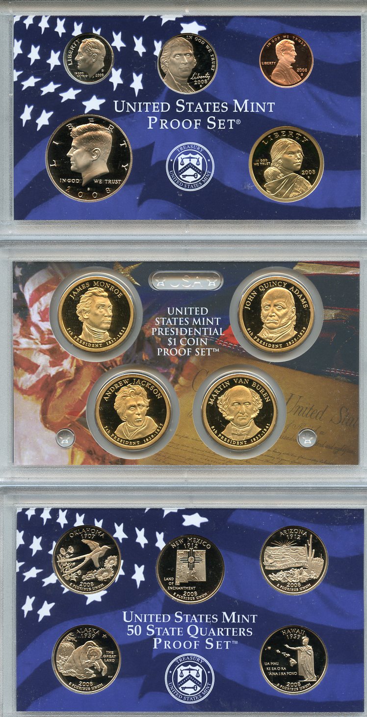 США официальный набор из 14 монет, в 3 пластиковых сетах 2008 годовой набор и юбилейные монет (1 доллар и 25 центов), в оригинальной коробке, сертификат KM PS 232   PROOF  8-2-03-14