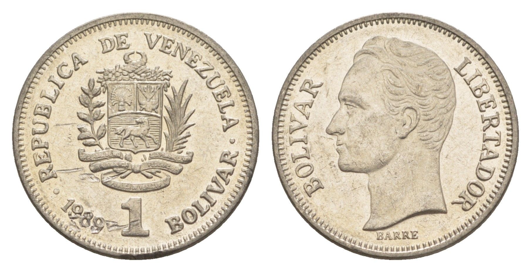 Венесуэла 1 боливар 1989 Симон Боливар, тонкий шрифт Y 52a.1 сталь плакированная никелем 4589-837