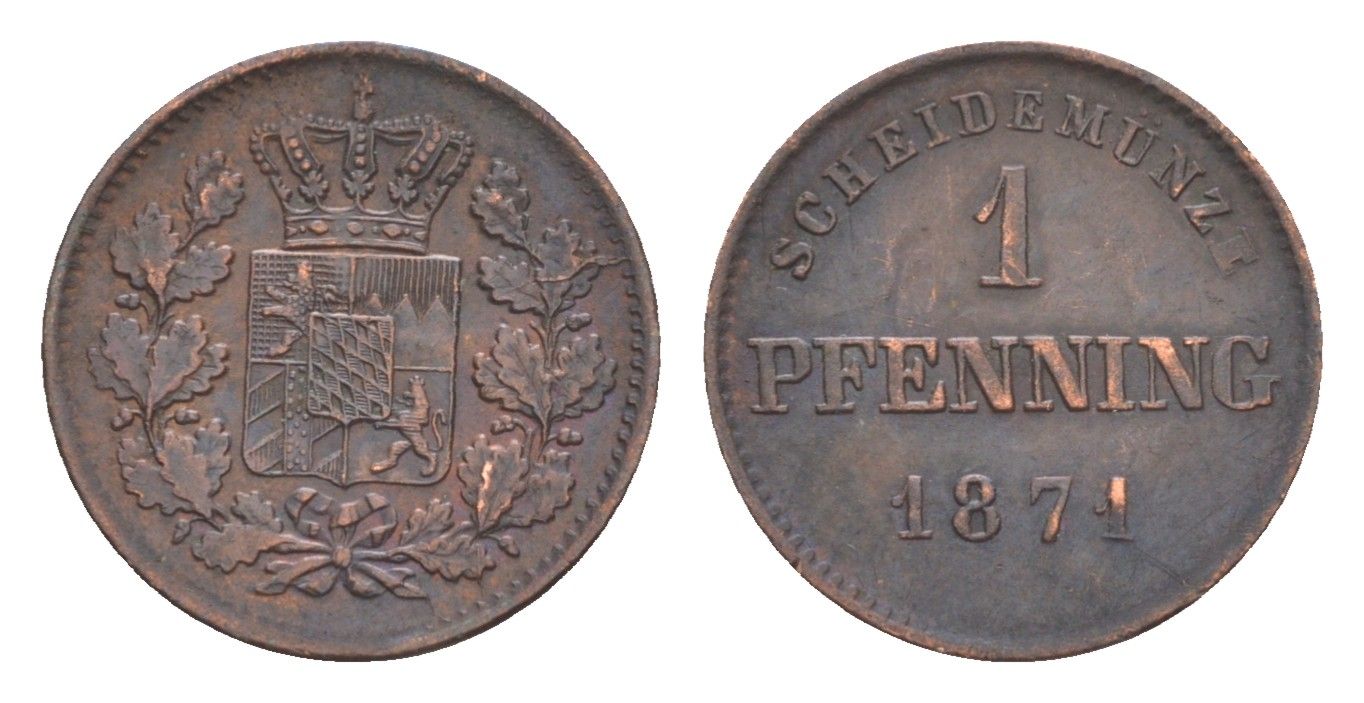 Бавария 1 пфенниг 1871 Людвиг II (1864-1886) KM 856 медь 4649-466