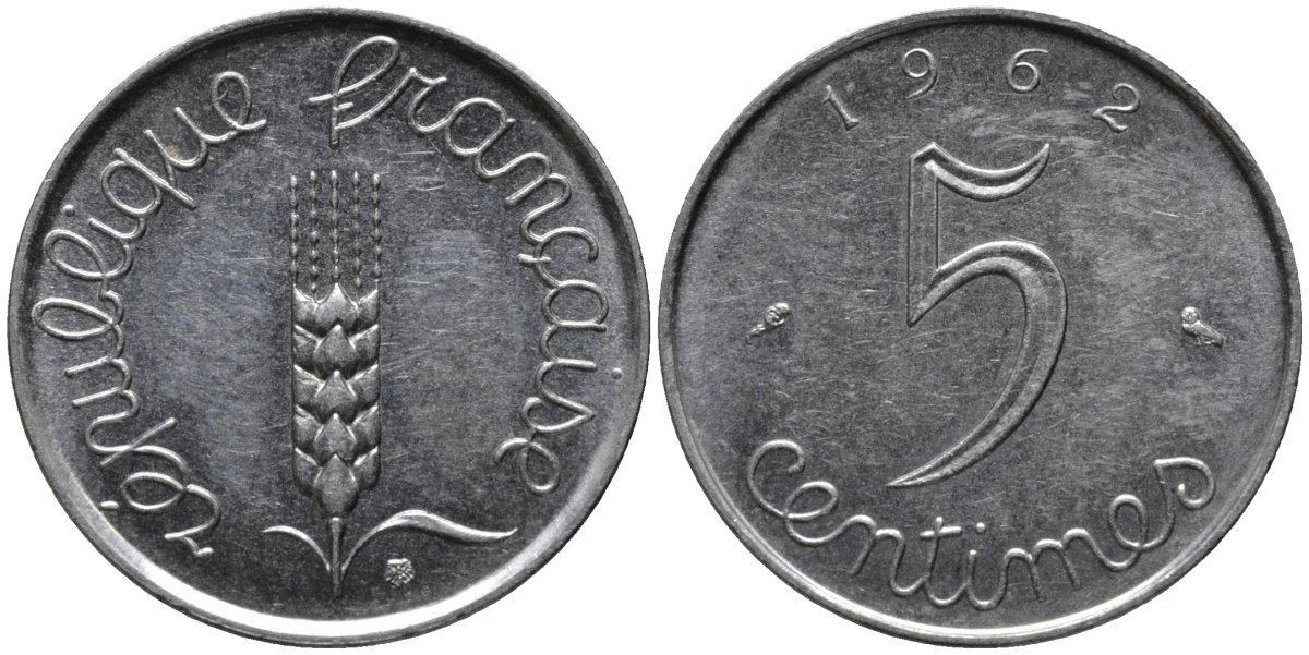 Франция 5 сантимов 1962 KM 927 нержавеющия сталь 4576-1157