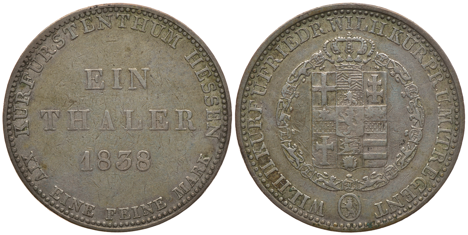 Гессен-Кассель 1 талер 1838 Вильгельм II Гессен-Кассельский (1821-1847) и Фридрих Вильгельм I (1831-1847), тираж 4041 экземпляров КМ 587, Jaeger 32, Thun 184, AKS 46, Kahnt 252 серебро 00-807-36