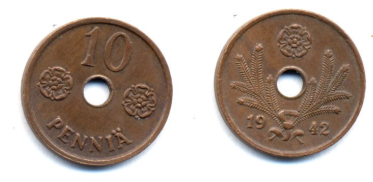 ФИНЛЯНДИЯ 10 ПЕННИ 1942 KM 33.1 медь 51-4945