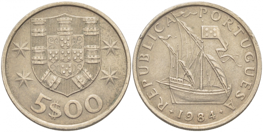 ПОРТУГАЛИЯ 5 ЭСКУДО 1984 ПАРУСНИК KM 591 медно-никель 87-1254