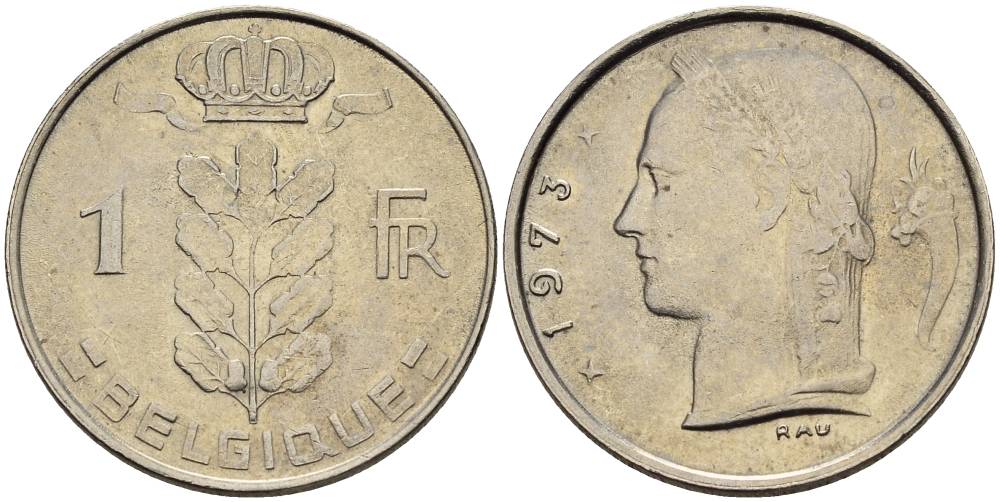 БЕЛЬГИЯ 1 ФРАНК 1973 BELGIQUE KM 142.1 медно-никель 4546-514