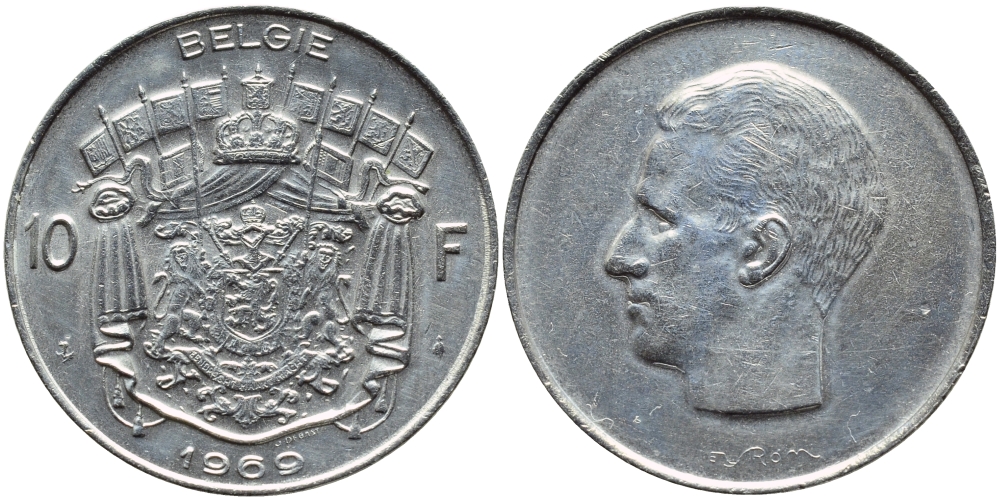 БЕЛЬГИЯ 10 ФРАНКОВ 1969 BELGIE, БОДУЭН I (1951-1993) KM 156.1 никель 4385-726