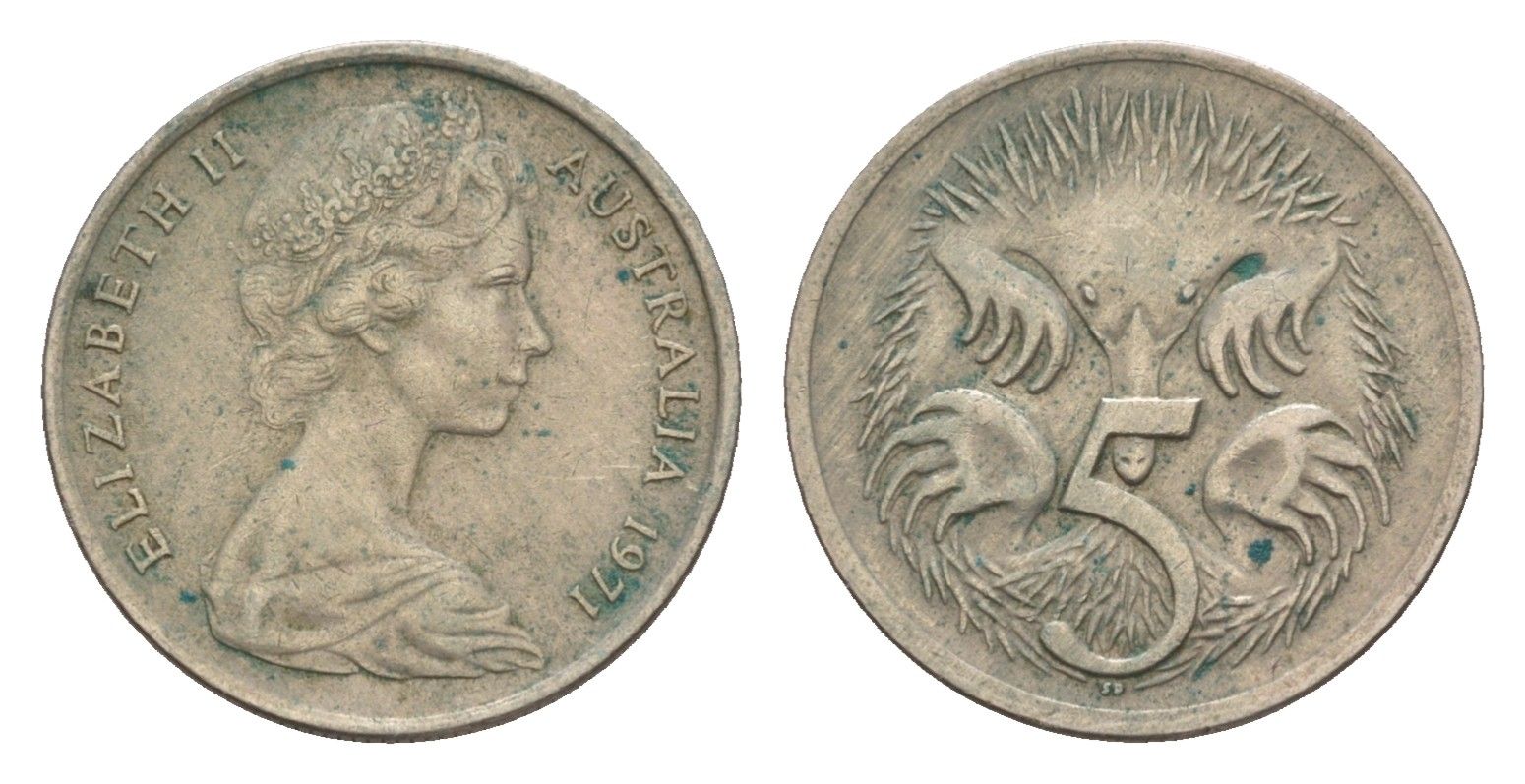 Австралия 5 центов 1971 Елизавета II (1952-2022) молодой портрет, ехидна KM 64 медно-никель 4655-1259