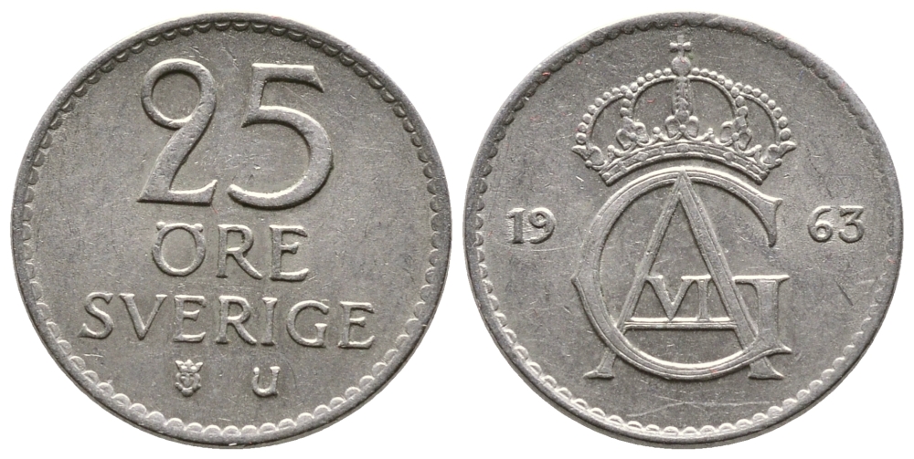 Швеция 25 эре 1963 U, Густав VI Адольф (1950-1973) KM 836 медно-никель 177-1259