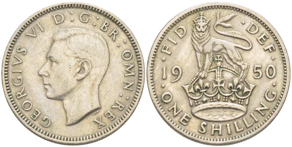 Великобритания 1 шиллинг 1950 Георг VI (1936-1952), Английский герб KM 876, Spink 4108 медно-никель 217-333