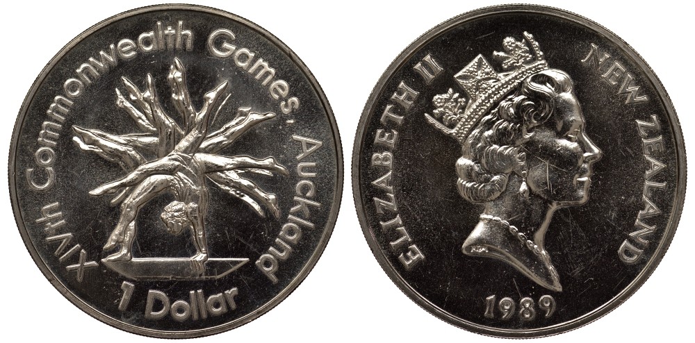 Новая Зеландия 1 доллар 1989 XIV Игры Содружества наций, гимнастика, Елизавета II (1952-2022) KM 68 медно-никель UNC 4537-221