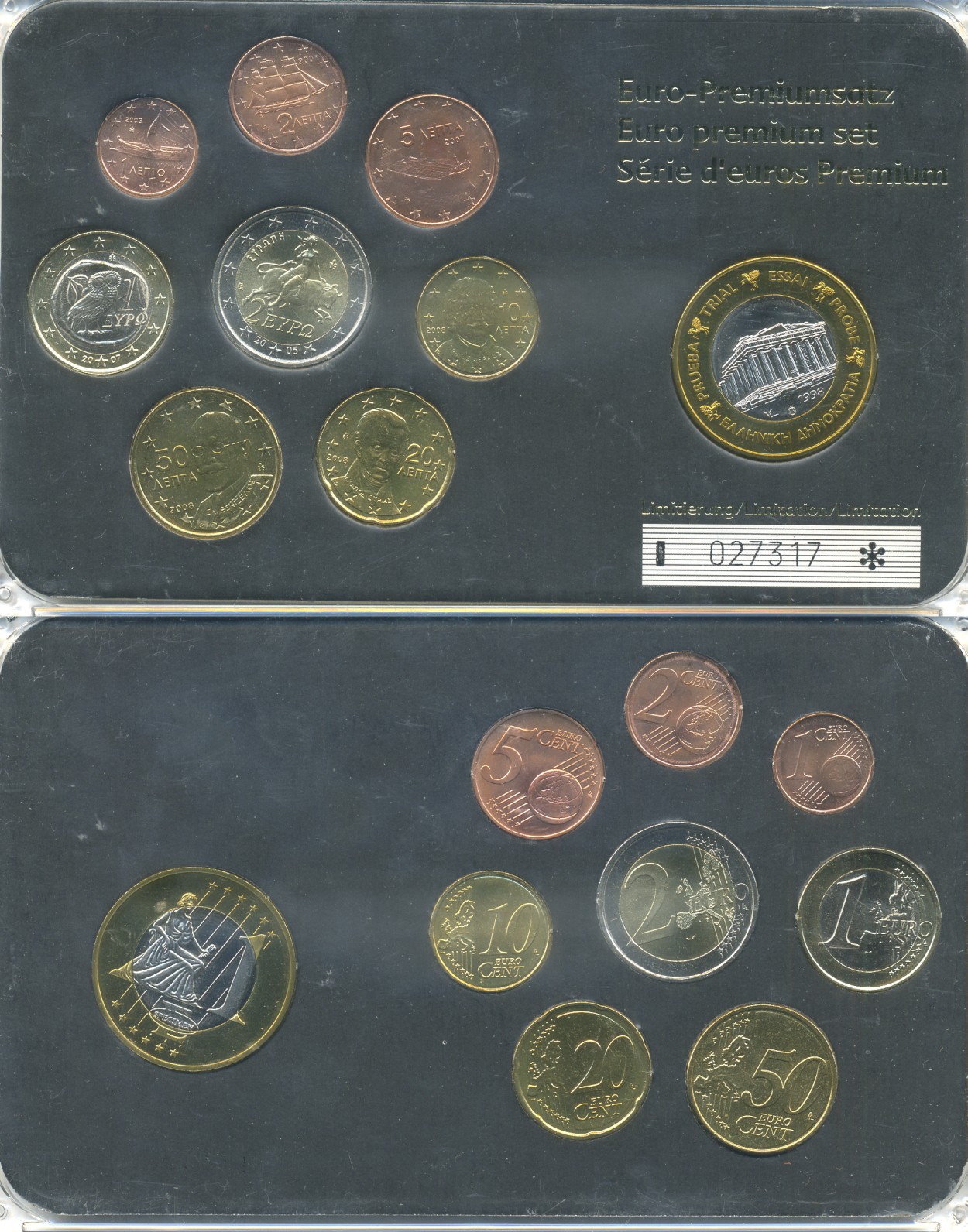 Греция евронабор из 8 монет + 1 европробник 2005-2008 в пластиковой запайке    UNC  7-5-5-09