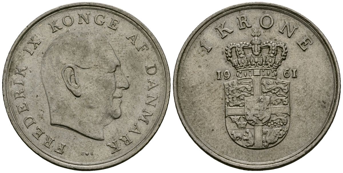 Дания 1 крона 1961 C; S, Фредерик IX (1947-1972) KM 851 медно-никель 4138-816