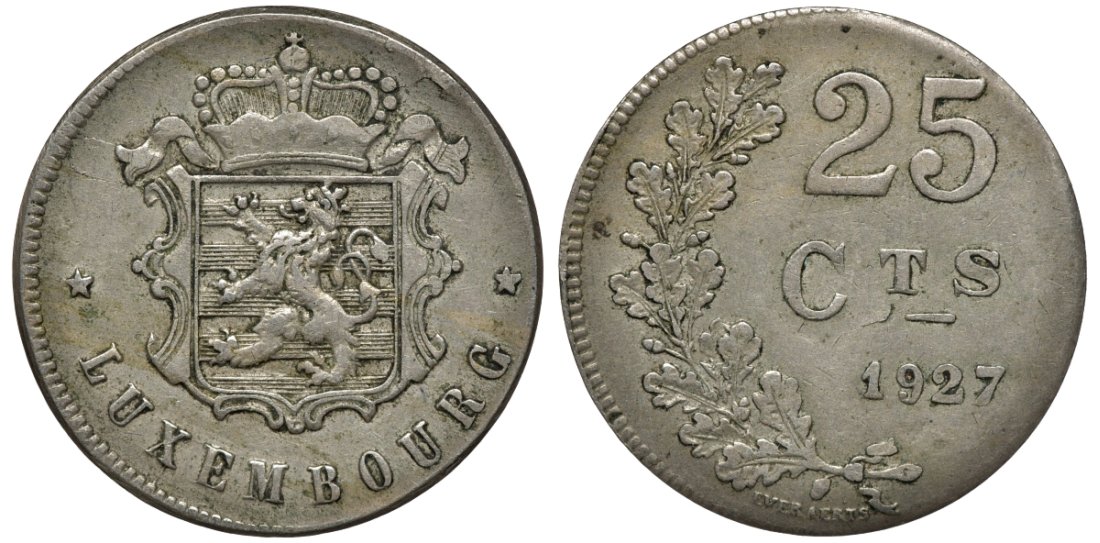 Люксембург 25 сантимов 1929 БРАК, СМЕШЕНИЕ медно-никель 1518-1615