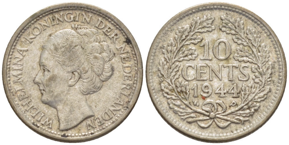 Нидерланды 10 центов 1944 Вильгельмина (1890-1948) KM 163 серебро aUNC 66-1251