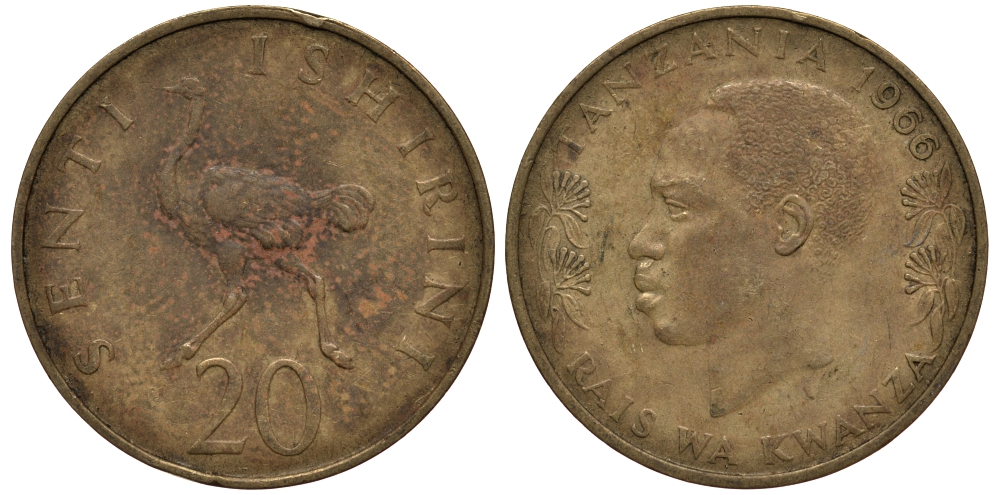 ТАНЗАНИЯ 20 СЕНТИ 1966 СТРАУС, ПЕРВЫЙ ГОД KM 2 никель латунь VG 4182-544