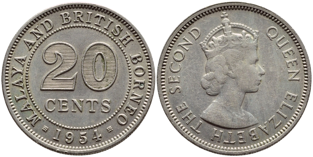 Малайя и Британское Борнео 20 центов 1954 Елизавета II (1952-2022) KM 3 медно-никель 4395-111