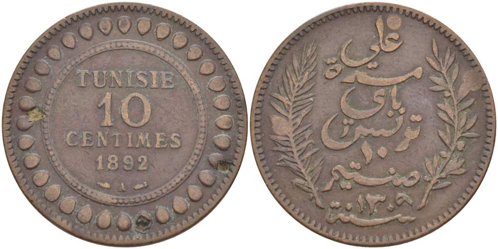 Тунис 10 сантимов 1892 AH 1309, Али III ибн аль-Хусейн KM 222 бронза 4526-213