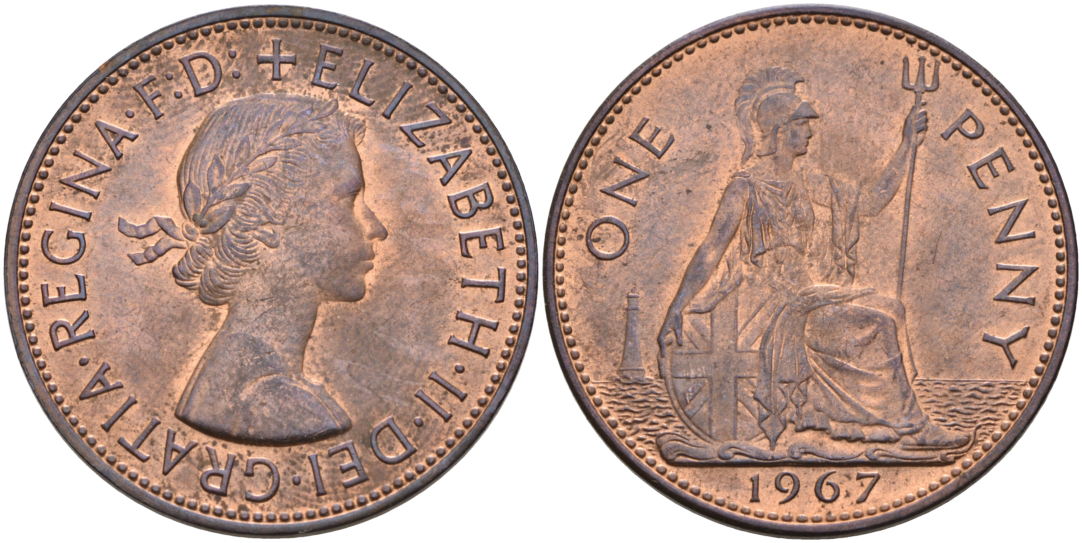 Великобритания 1 пенни 1967 Елизавета II (1952-2022) KM 897, Spink 4157 бронза    4149-133