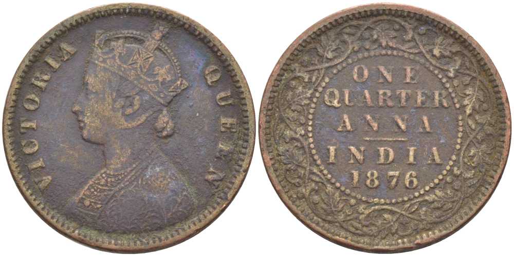 Британская Индия 1/4 анна 1876 Виктория (1837-1901), имперская чеканка KM 427 медь 119-157