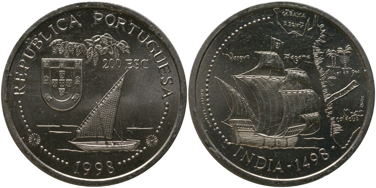 Португалия 200 эскудо 1998 INCM, Путешествие Васко да Гамы в Индию 1498 года - Индия KM 712 медно-никель aUNC 00-00