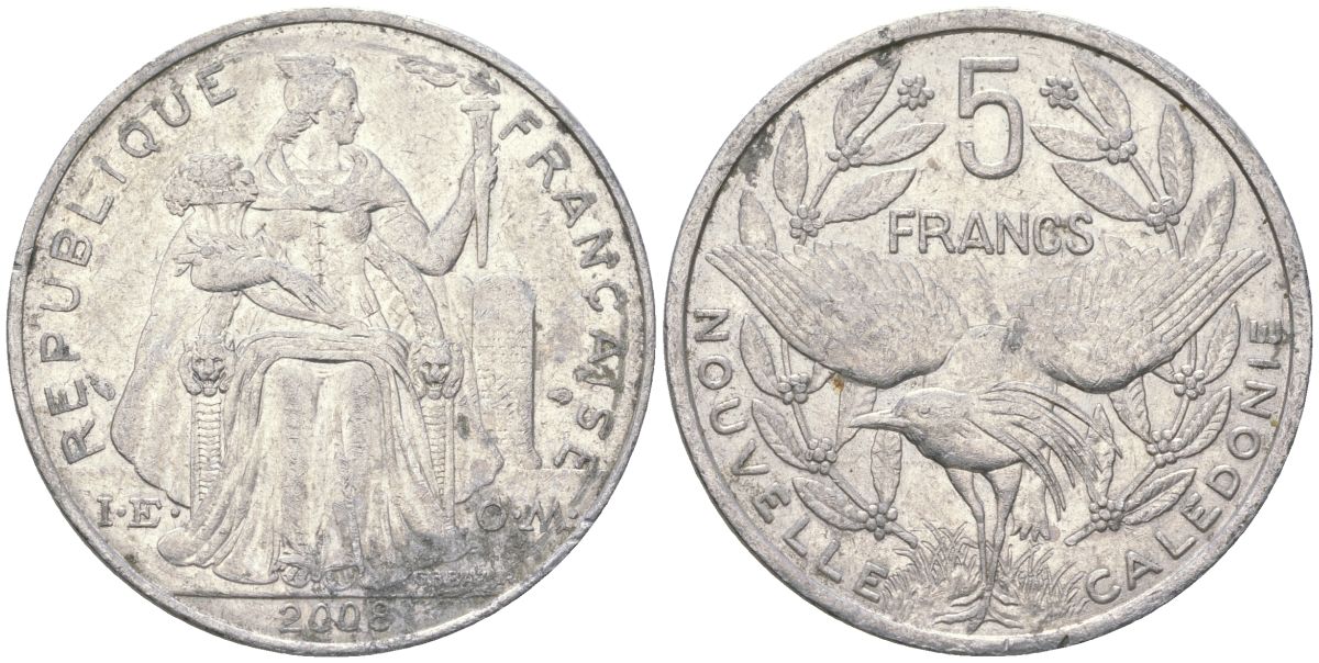 Французская Новая Каледония 5 франков 2008 птица кагу, (IEOM) KM 16, Schoen 12, Lec 81k алюминий 221-141