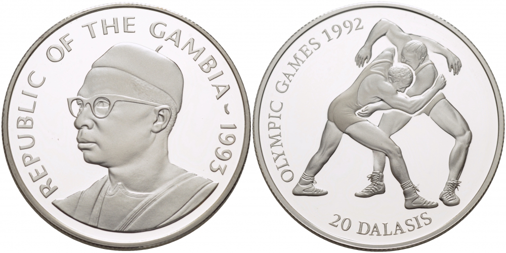 Гамбия 20 даласи 1993 Олимпийские игры 1992 года в Барселоне, борьба, тираж 40000 экз. KM 33 серебро PROOF 11-011-24