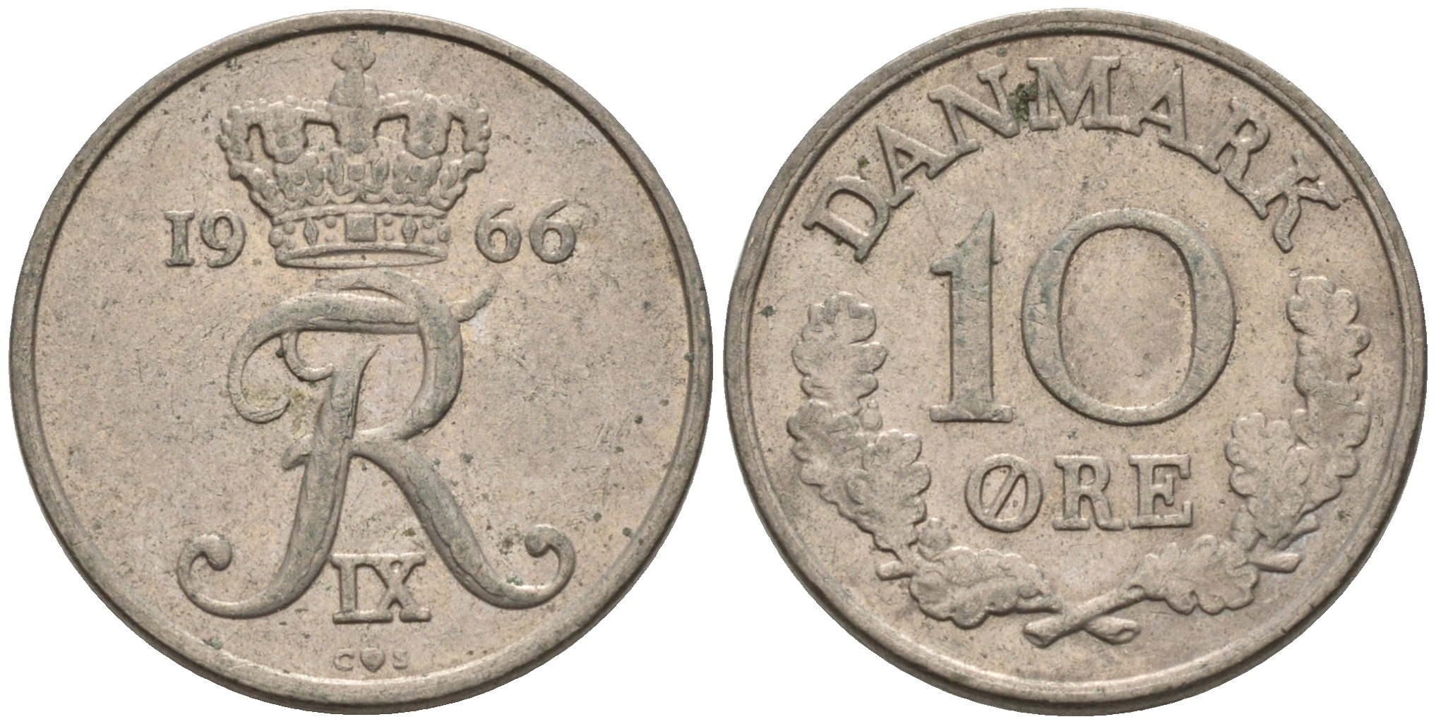 Дания 10 эре 1966 С; S, Фредерик IX (1947-1972) KM 849.1 медно-никель 4564-1224